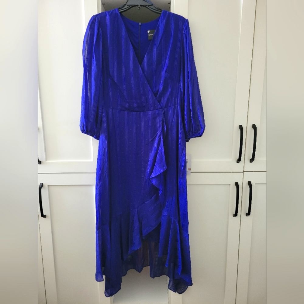NWT Sz. 12 Sapphire Blue Asymmetrical Wrap Dress with Bishop Sleeves